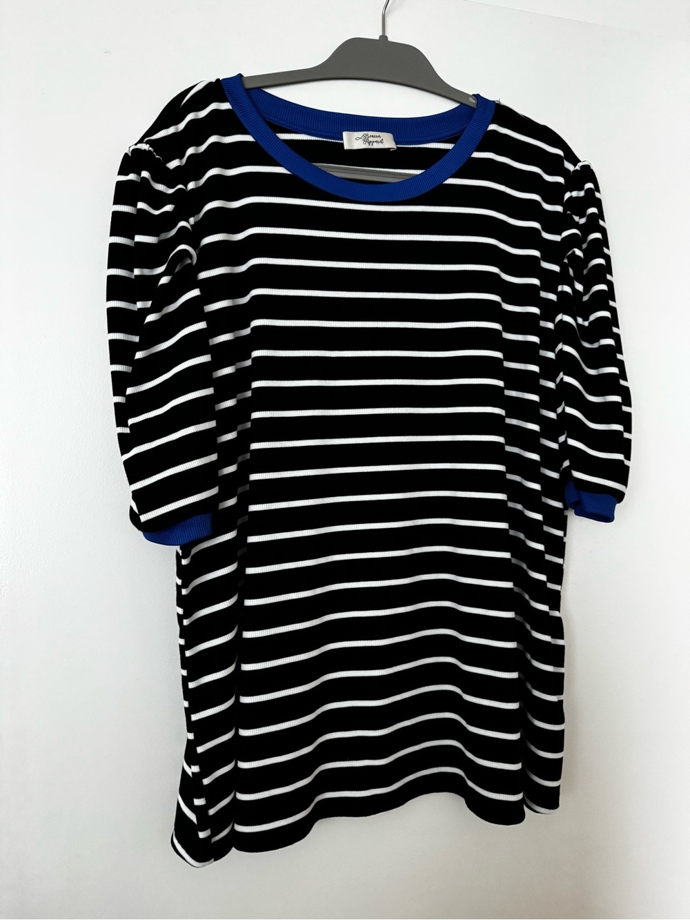 Striped Black & White Short Sleeve Tee with Royal Blue Trim
